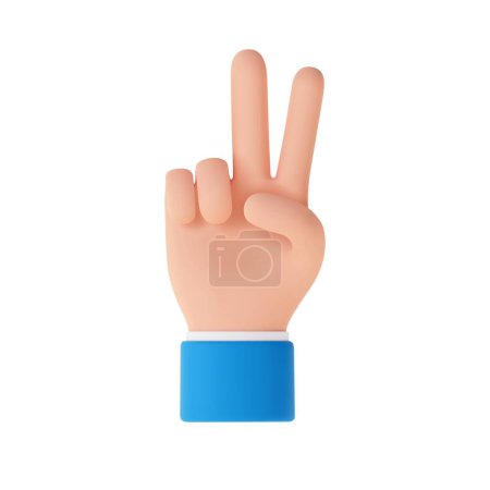 Photo for 3d Cartoon character Hand Peace sign, showing number two sign on white background. 3d rendering. Vector illustration - Royalty Free Image
