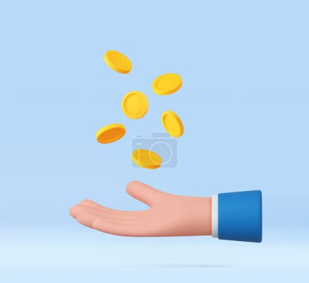 3d hand with coins flying. Saving money concept. Payment and Cash back. 3d rendering. Vector illustration