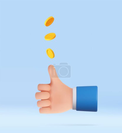 Illustration for 3D Hand of Businessman Tossing Golden Coin. Decision Making by Chance with Coin. Excitement, Luck, Fortune. 3d rendering. Vector illustration - Royalty Free Image