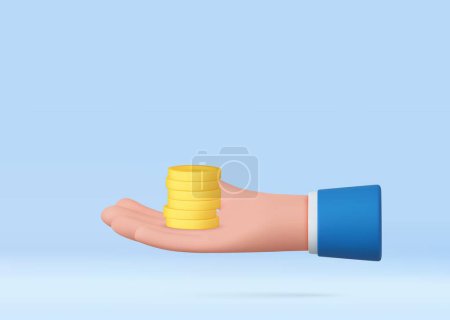 3D cartoon hand holding stack of coins. Money saving concept. Safe finance investment. 3d rendering. Vector illustration
