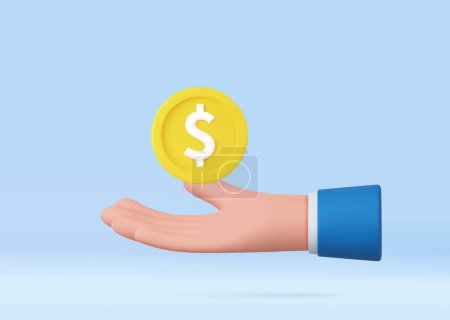 3d hand with coin flying. Saving money concept. Payment and Cash back. 3d rendering. Vector illustration