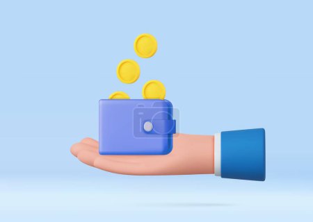 Photo for 3D Hand holding wallet, coin stack. money saving, online payment and payment concept. 3d rendering. Vector illustration - Royalty Free Image