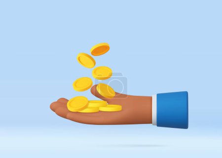 3d hand with coins flying. Saving money concept. Payment and Cash back. 3d rendering. Vector illustration