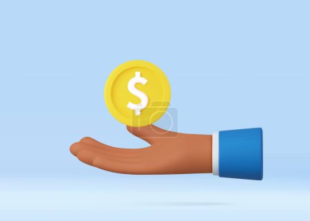 3d hand with coin flying. Saving money concept. Payment and Cash back. 3d rendering. Vector illustration