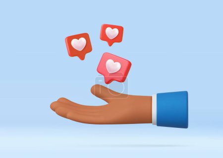 Illustration for 3d Cartoon Hand. Like heart icon on a red pin. Social media concept, web icon, like notifications. 3d rendering. Vector illustration - Royalty Free Image