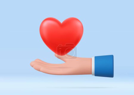 Illustration for 3d hand holding a heart. Perfect for social media banner, charity UI template, adoption app, volunteer advertising. Valentine Day icon. 3d rendering. Vector illustration - Royalty Free Image