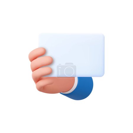 Ilustración de 3d mano sostiene la etiqueta de papel en blanco o etiqueta. Empresario de mano sosteniendo papel blanco. tarjeta de papel vacía con espacio de copia. renderizado 3d. Ilustración vectorial - Imagen libre de derechos