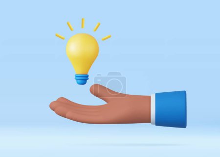 Illustration for 3D cartoon hand holding a light bulb isolated on blue background. Thinking, good idea and business success creative concept. 3d rendering. Vector illustration - Royalty Free Image