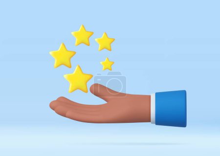 Photo for 3d review icon. gold positive customer experience. Online feedback concept, hand hold five stars. 3d rendering. Vector illustration - Royalty Free Image