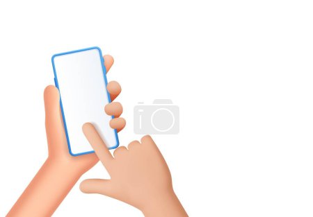 Téléchargez les illustrations : 3d mains tenir vide icône de téléphone intelligent. Caractère de bande dessinée avec appareil mobile. - en licence libre de droit