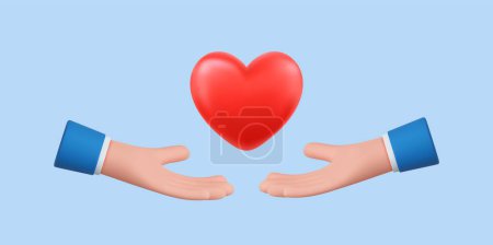 Illustration for 3D cartoon hands holding red heart. Concept of charity, love, healthcare. Palms hold heart symbol. - Royalty Free Image