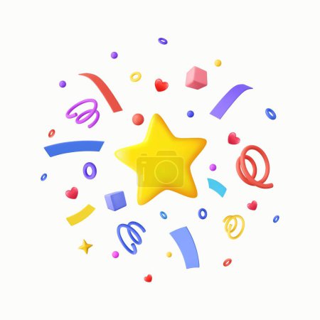 Illustration for 3D Party confetti with star and serpentine ribbon. Birthday surprise. Festive decoration elements for poster or banner. 3d rendering. Vector illustration - Royalty Free Image