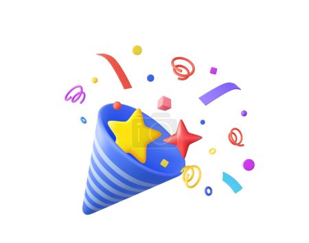 Illustration for 3D Party popper with explosion confetti. Birthday surprise. Firecracker with serpentine. Holiday and event celebration. 3d rendering. Vector illustration - Royalty Free Image