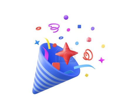 Ilustración de 3D Party popper con confeti explosión. Sorpresa de cumpleaños. Un petardo con serpentina. Fiesta y celebración del evento. renderizado 3d. Ilustración vectorial - Imagen libre de derechos
