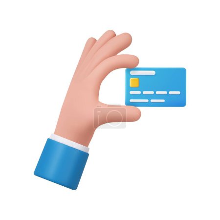 Ilustración de Mano de dibujos animados 3D de hombre de negocios tiene tarjeta de débito o crédito. Concepto de pago sin contacto o compras en línea y banca en línea. renderizado 3d. Ilustración vectorial - Imagen libre de derechos