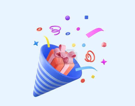 Photo for 3D Party popper with explosion confetti and gift boxes. Birthday surprise. Firecracker with serpentine. Holiday and event celebration. 3d rendering. Vector illustration - Royalty Free Image