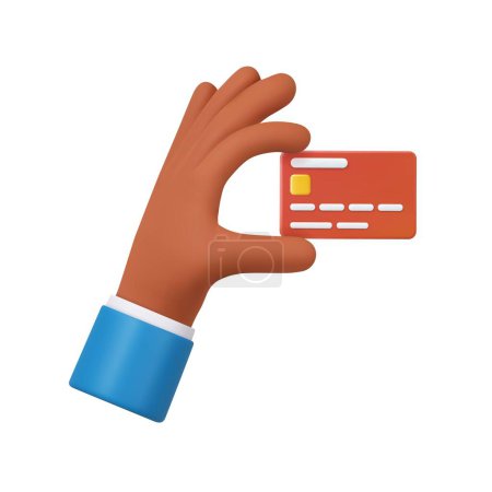 Illustration for 3D cartoon hand of businessman holds debit or credit card. Concept of contactless payment or online shopping and online banking. 3d rendering. Vector illustration - Royalty Free Image