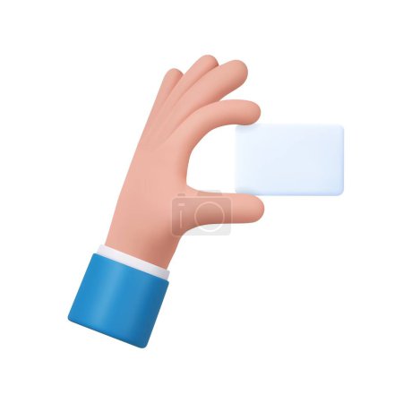 Ilustración de 3d mano sostiene la etiqueta de papel en blanco o etiqueta. Empresario de mano sosteniendo papel blanco. tarjeta de papel vacía con espacio de copia. renderizado 3d. Ilustración vectorial - Imagen libre de derechos
