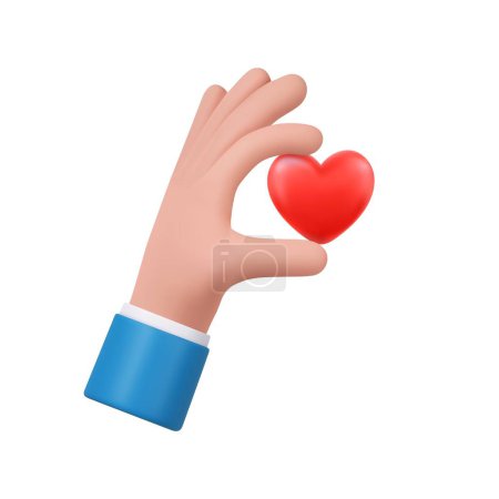 Téléchargez les illustrations : 3D main tenant coeur. concept de plate-forme en ligne de médias sociaux, communication sociale en ligne sur les applications, coeur et amour icône emoji, rendu 3D. Illustration vectorielle - en licence libre de droit