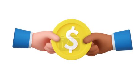 Illustration for 3D cartoon hand hold coin. online payment, finance, investment, money saving . 3d rendering. Vector illustration - Royalty Free Image