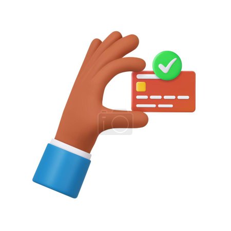 Ilustración de La mano de dibujos animados 3D del hombre de negocios tiene tarjeta de débito o crédito con marca de verificación verde. Concepto de pago sin contacto o compras en línea y banca en línea. renderizado 3d. Ilustración vectorial - Imagen libre de derechos