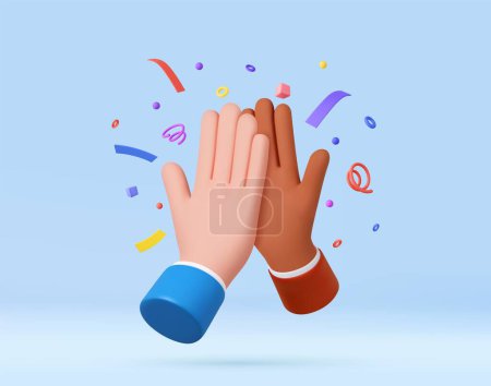 Photo for 3d High Five Hands with Confetti. Hand Greeting Symbol. Human Fist in Goodwill Gesture. Emoji Icon. Open Palm Hand. 3d rendering. Vector illustration - Royalty Free Image