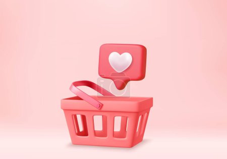 Ilustración de 3d carrito de la compra y el signo del corazón en la burbuja de voz notificación. Bolsa de compras para comprar, vender, descuento, promoción. Representación 3D. Ilustración vectorial - Imagen libre de derechos