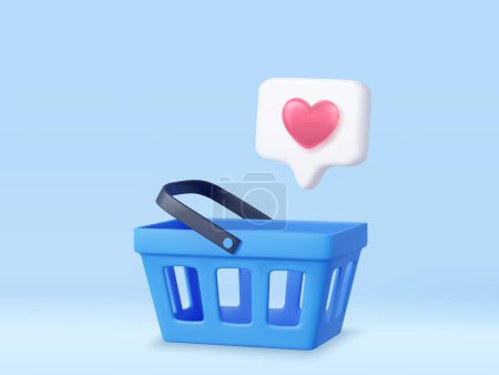 Photo for 3d shopping cart and heart sign on notification speech bubble. Shopping bag for buy, sale, discount, promotion. 3D Rendering. Vector illustration - Royalty Free Image