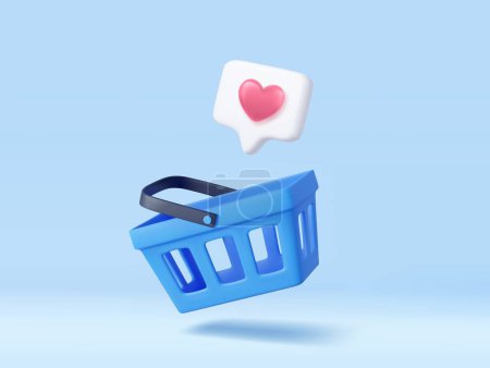 Ilustración de 3d carrito de la compra y el signo del corazón en la burbuja de voz notificación. Bolsa de compras para comprar, vender, descuento, promoción. Representación 3D. Ilustración vectorial - Imagen libre de derechos