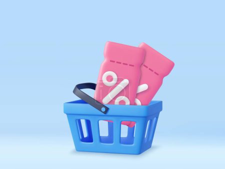 Photo for 3d coupon with Shopping Basket. Sale and discount on purchases of goods. 3D Rendering. Vector illustration - Royalty Free Image