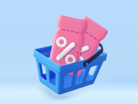Illustration for 3d coupon with Shopping Basket. Sale and discount on purchases of goods. 3D Rendering. Vector illustration - Royalty Free Image