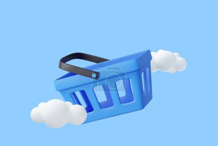 Ilustración de 3d azul realista carrito de compras. Una cesta vacía. Representación 3D. Ilustración vectorial - Imagen libre de derechos