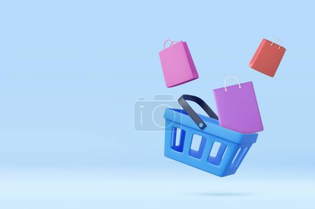 Illustration for 3d Shopping cart with bags. Online shopping. E-commerce and digital marketing concept. Sale of goods. 3D Rendering. Vector illustration - Royalty Free Image
