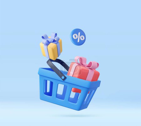 Illustration for 3d shopping cart and gift boxes inside. concept of online shopping, sales and discounts in stores. 3D Rendering. Vector illustration - Royalty Free Image