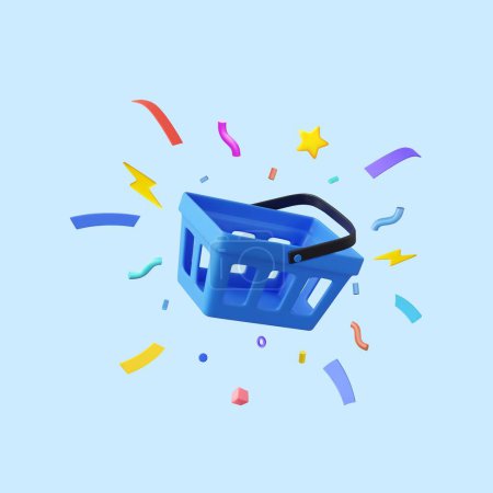 Photo for 3d shopping basket with confetti. Shopping cart, food basket is empty. 3D Rendering. Vector illustration - Royalty Free Image