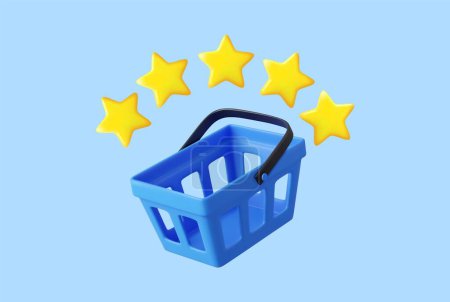 Illustration for 3d shopping basket with five yellow stars. Good seller review. Customer rating feedback concept. Best grocery store and supermarket. 3D Rendering. Vector illustration - Royalty Free Image