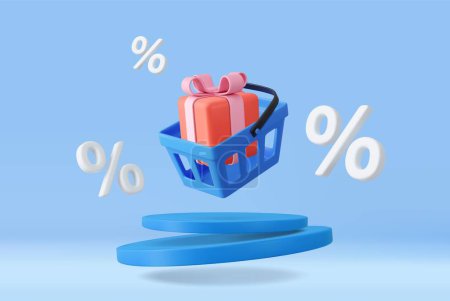 Illustration for 3d shopping basket with percentages. Shopping cart with gift box. Promo background. Promotion banner, web poster. 3D Rendering. Vector illustration - Royalty Free Image