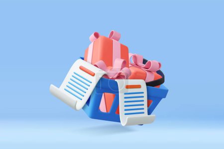 Illustration for 3d shopping cart and gift boxes inside. concept of online shopping, sales and discounts in stores. 3D Rendering. Vector illustration - Royalty Free Image