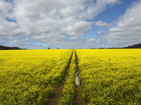Woman wearing a long dress  in a field of yellow flowering canola crop farm pretty blue sky white puffy clouds overhead