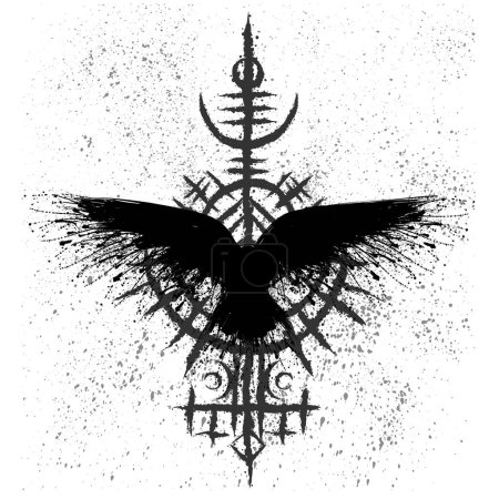 Symbole abstrait de rune de cercle viking avec taches d'encre noire silhouette corbeau isolé sur fond blanc