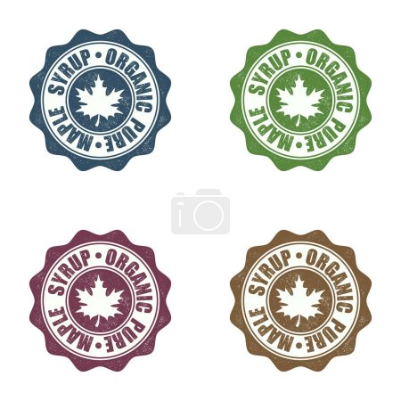 Illustration for Set of four different colours seals with maple syrup isolated on white background - Royalty Free Image