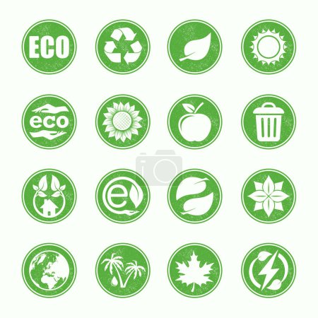 Ilustración de Conjunto de cuatro sellos verdes sólidos y contorno ecológicos naturales. Pegatinas de etiquetas Grunge saludables y ecológicas aisladas sobre fondo blanco - Imagen libre de derechos
