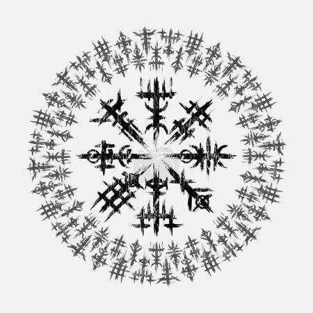 Illustration for Black grunge viking design elements isolated on white background. Norse mythology symbols circle pattern - Royalty Free Image