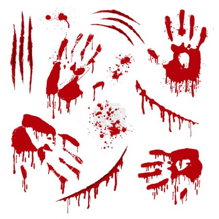 Illustration for Background with animal claw scratch marks. Monster sharp. Red bloody wound wallpaper with splashes and blots - Royalty Free Image