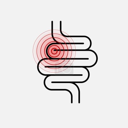 Ilustración de Abstract intestine pain icon with red circles epicenter isolated on white background - Imagen libre de derechos