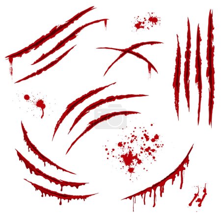 Illustration for Background with animal claw scratch marks. Monster sharp. Red bloody wound wallpaper with splashes and blots - Royalty Free Image