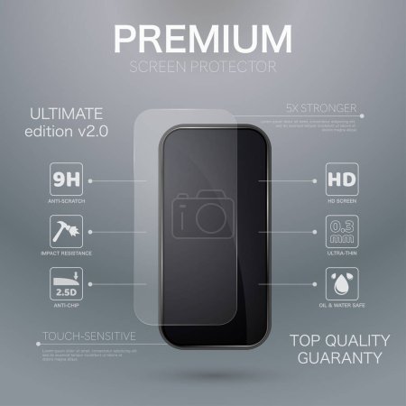 Illustration for Black custom made mobile phone with empty screen isolated on dark background. Screen protection glass with set of advantages icons and sample text - Royalty Free Image