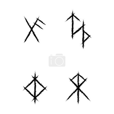 Ilustración de Abstract ink blots grunge texture brushes with viking bind runes silhouettes. Scandinavian bindrunes design for different patterns and background - Imagen libre de derechos
