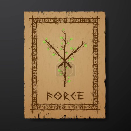 Ilustración de Pergament old grunge paper texture with abstract Scandinavian bind rune with wooden branches and leaves. Viking runes rectangle frame and text for meaning - Imagen libre de derechos