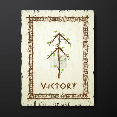 Ilustración de Yellow old grunge paper texture with abstract Scandinavian bind rune with wooden branches and leaves. Viking runes rectangle frame and text for meaning - Imagen libre de derechos